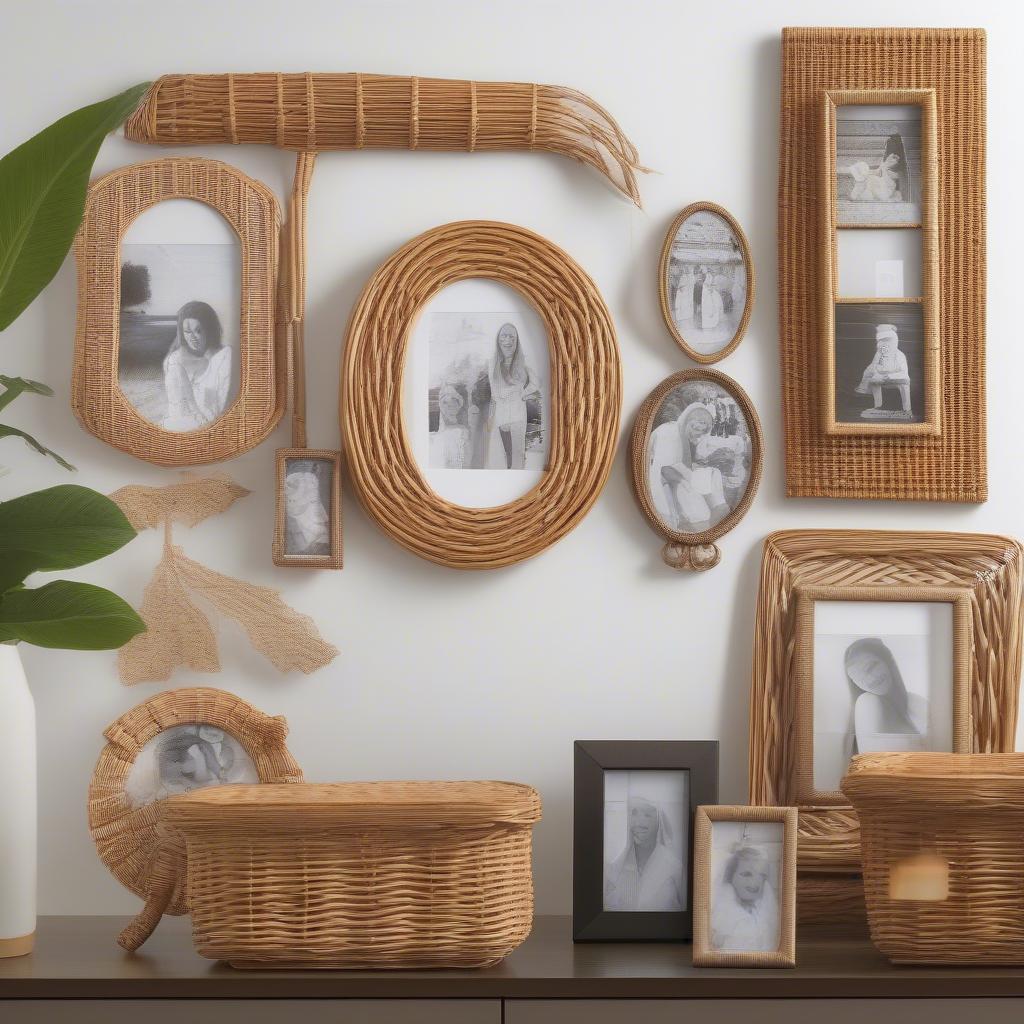 Wicker and rattan quotation picture frames with different quotes and photos displayed on a wall