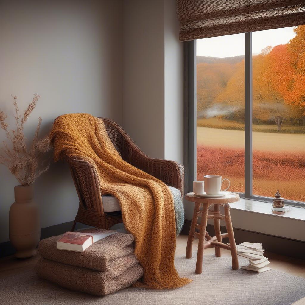 A comfortable rattan armchair placed next to a window in a fall-themed room.