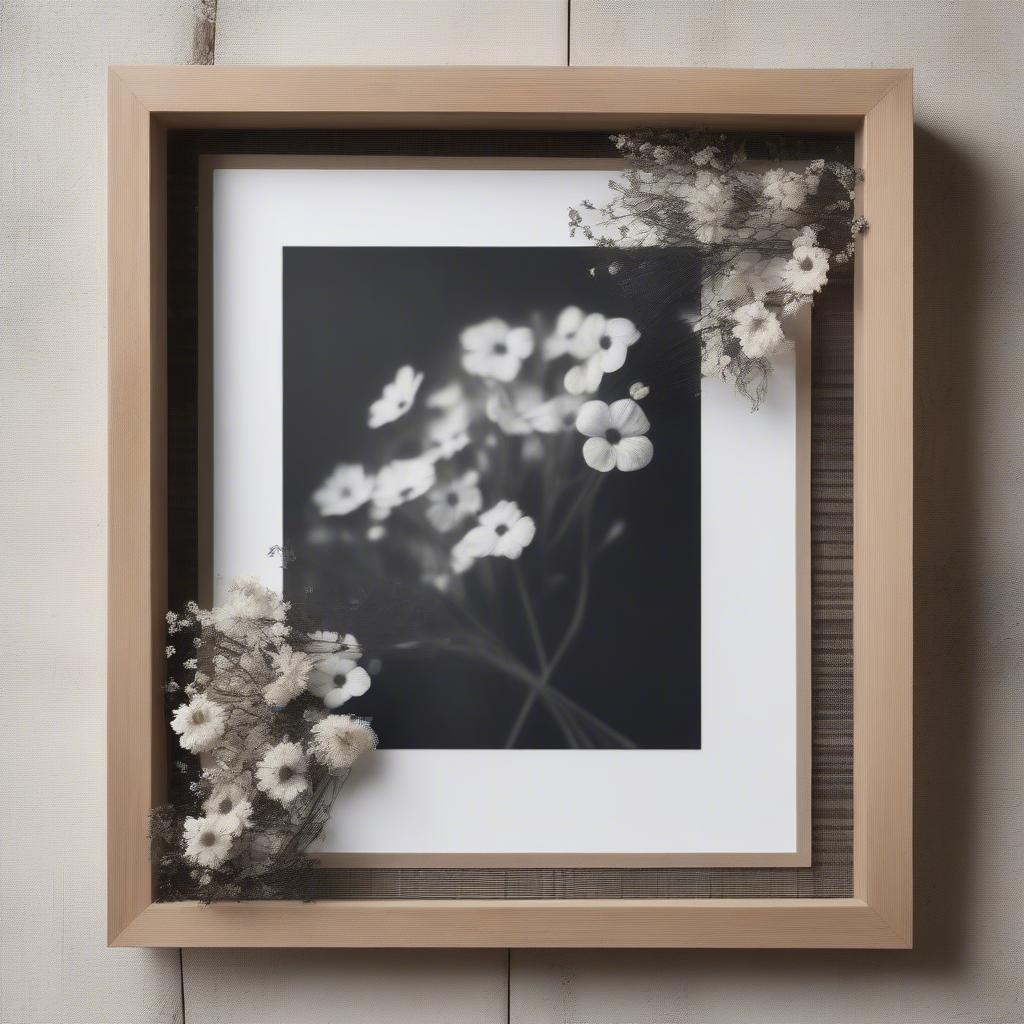 Elegant rattan photo frame adorned with pressed flowers, holding a black and white photo.