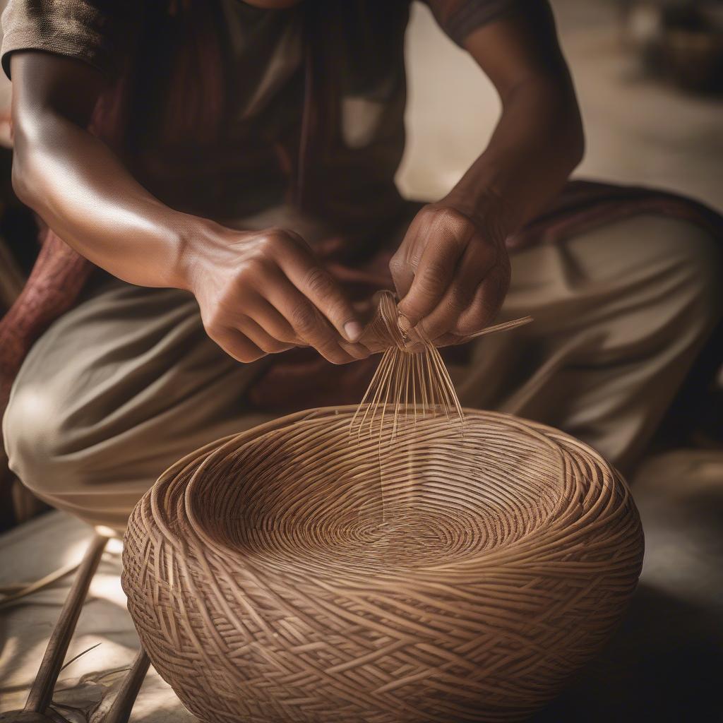 Artisan weaving a rattan basket, showcasing the intricate handcrafting process.