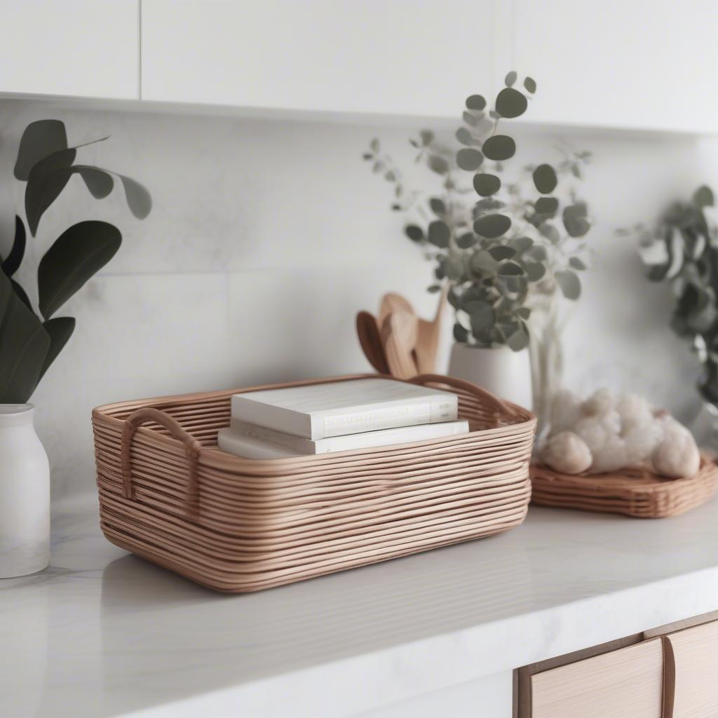 Modern rattan basket holding a contemporary recipe book on a minimalist kitchen countertop.