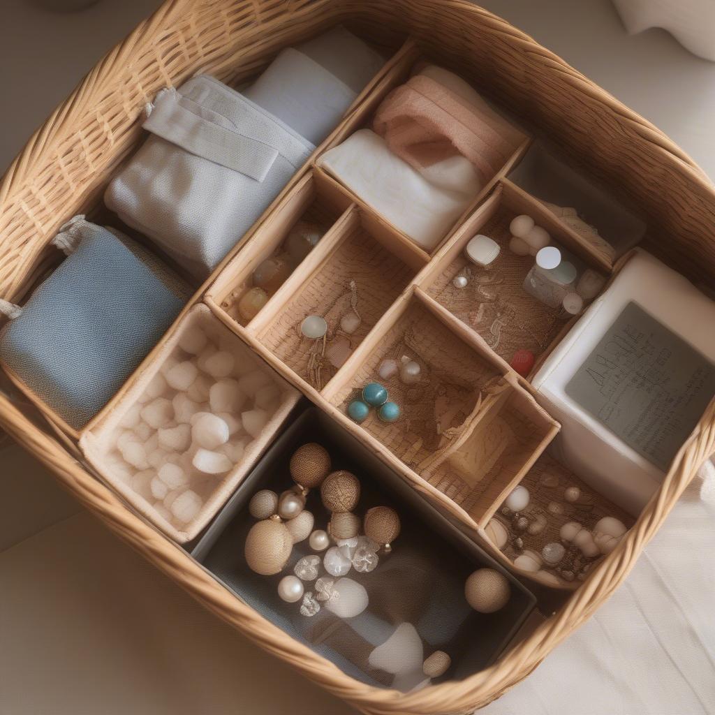 Rattan basket used for storage, organized with small containers and pouches filled with various items.