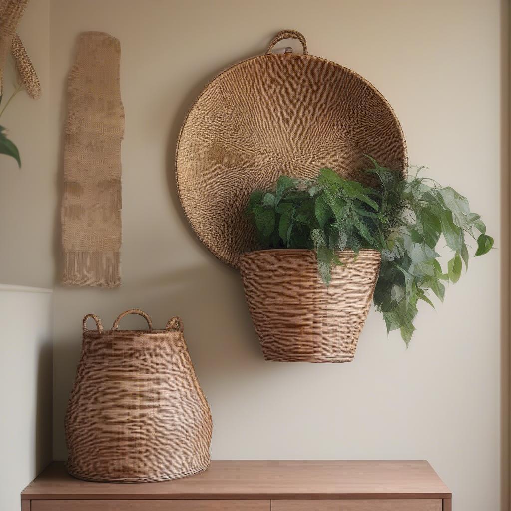 A rattan basket hung on a wall, used as a unique and stylish display piece for artwork or plants.