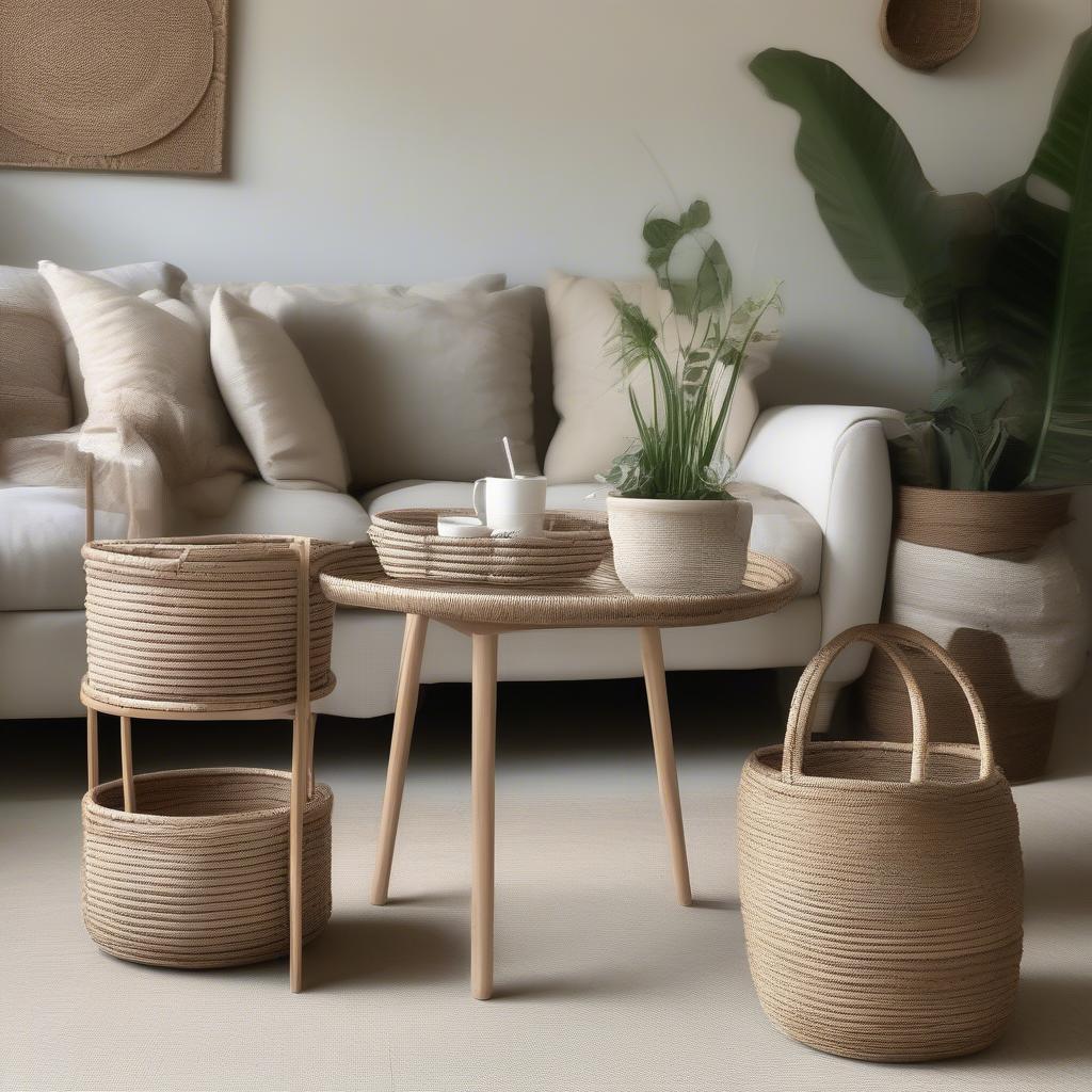 Rattan baskets used as decorative elements in a living room setting, showcasing their earthy appeal.