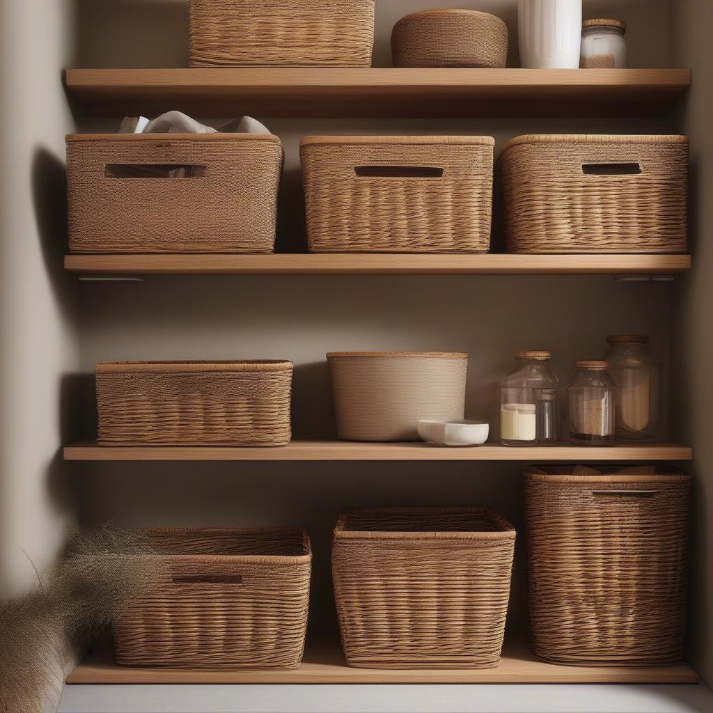 Rattan baskets used for storage on a pantry wall