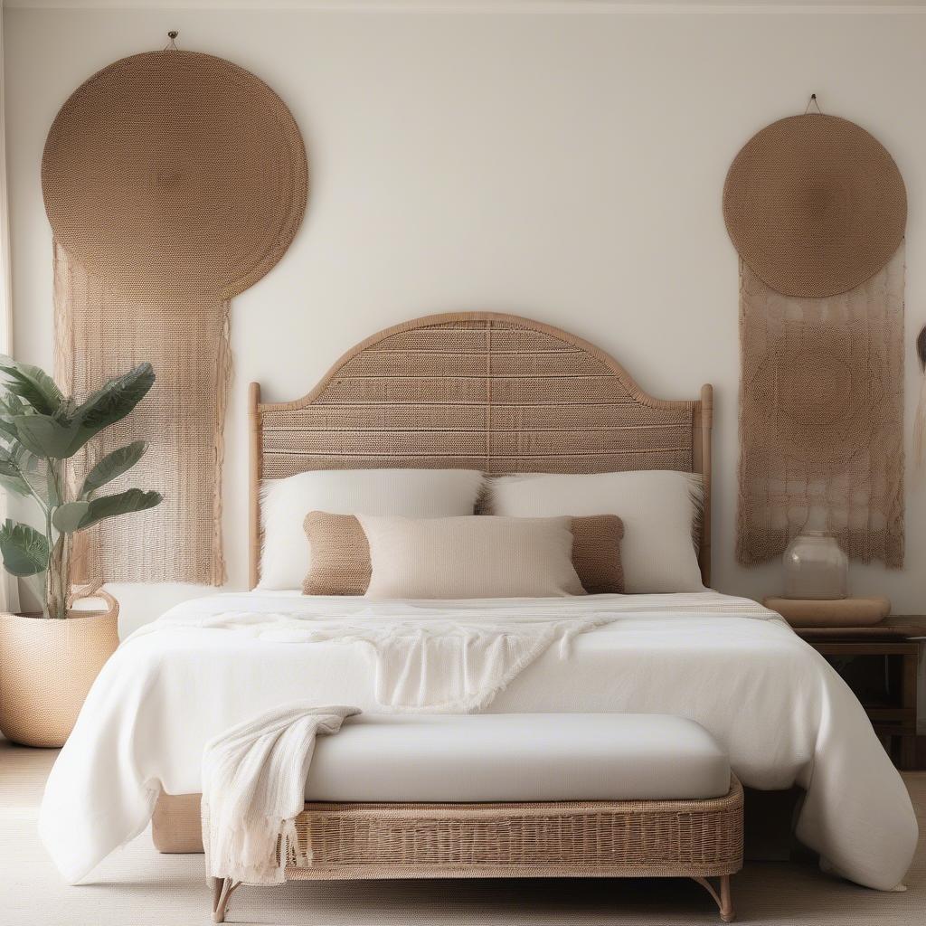 Rattan Headboard and Nightstands in a Bedroom