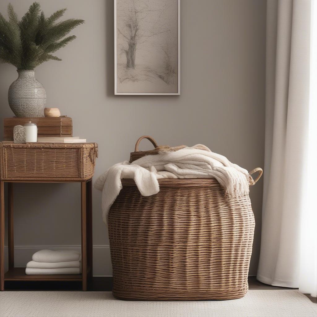 A large rattan blanket basket placed in a living room setting, demonstrating its use as a stylish storage solution.