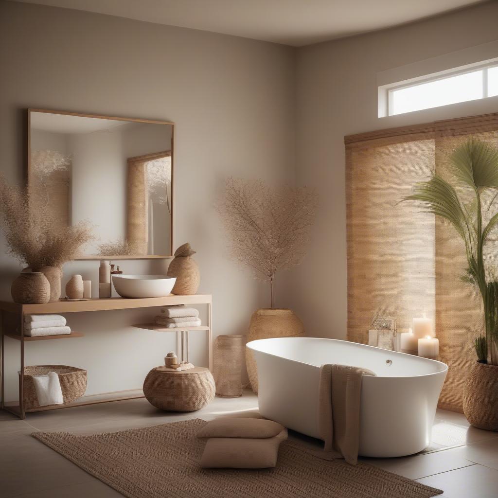 Rattan candle holders in a spa-like bathroom setting, promoting relaxation and tranquility.