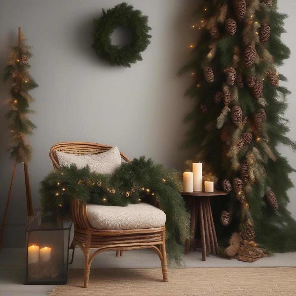 Rattan chair with evergreen garland