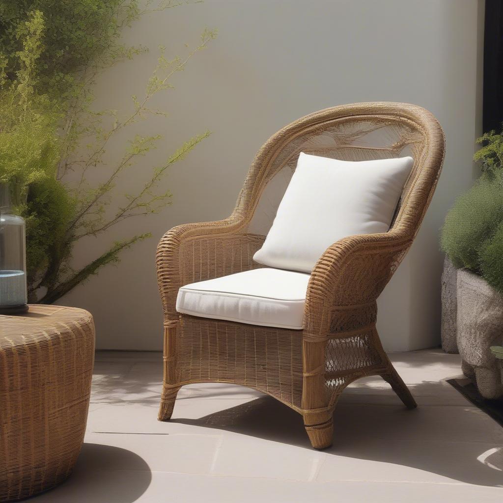 A sturdy rattan chair in a relaxing outdoor setting, showcasing the material's durability and natural appeal.