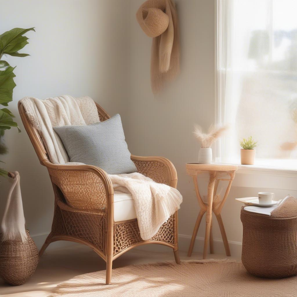 Rattan armchair in a cozy reading nook, perfect for couples to relax and unwind.