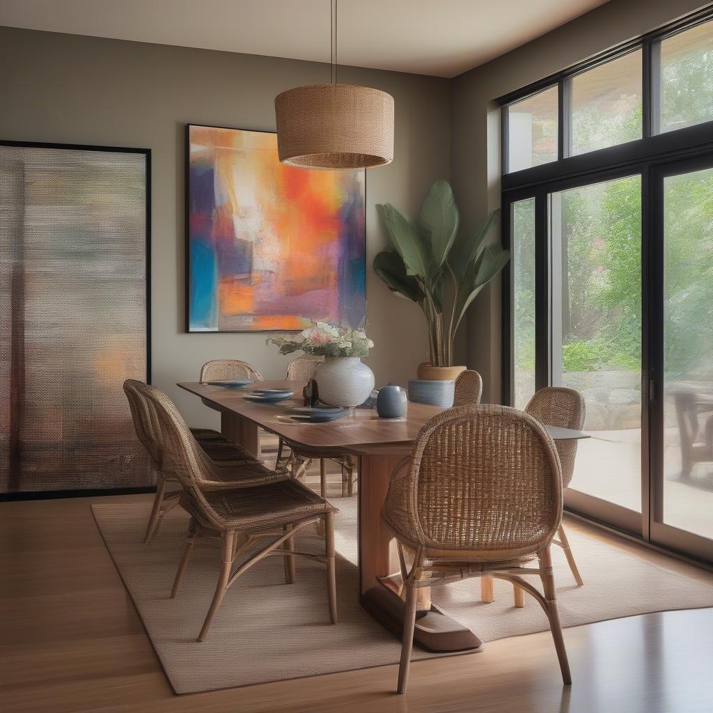 Rattan Chairs in an Art Dining Room