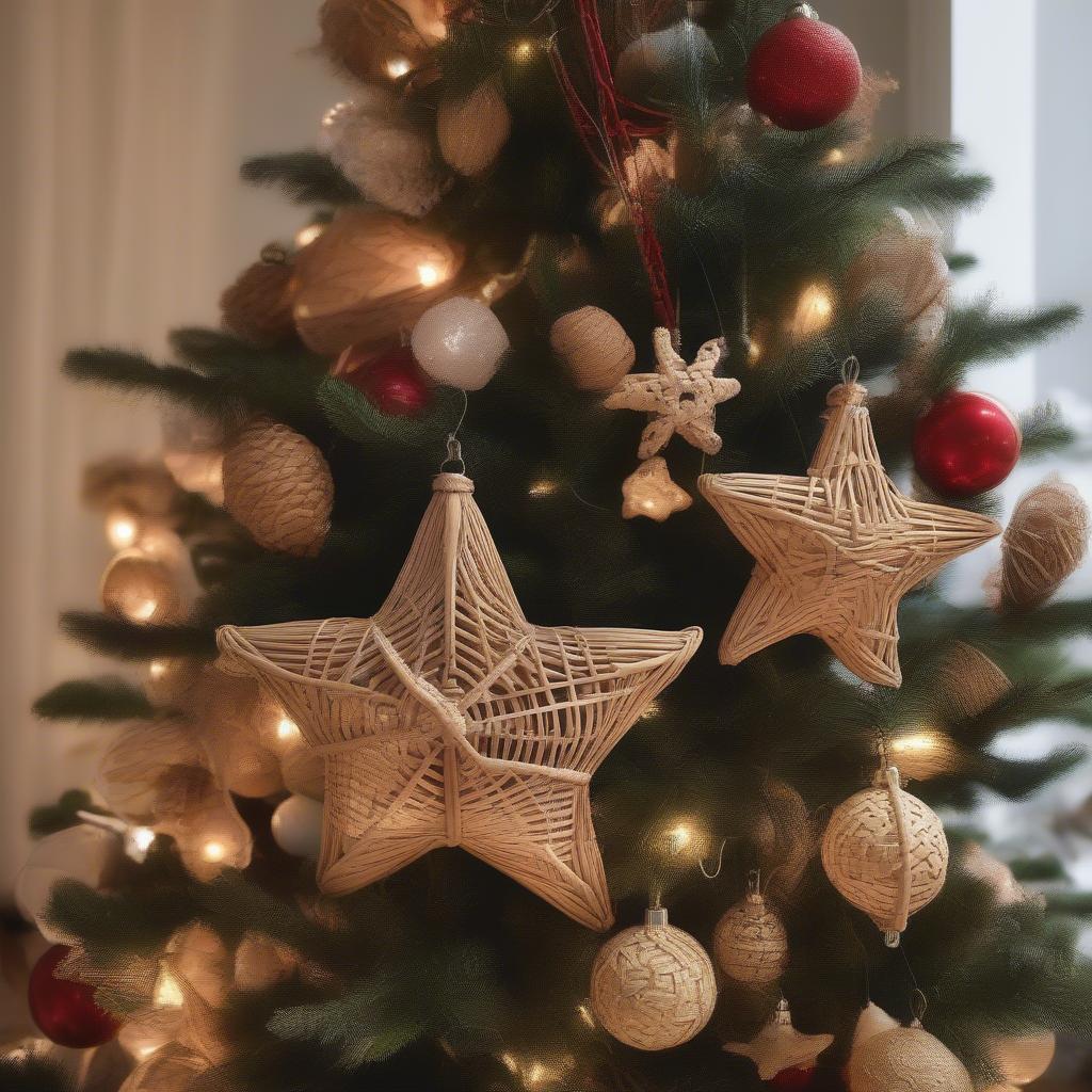 Rattan Christmas ornaments on a Christmas tree