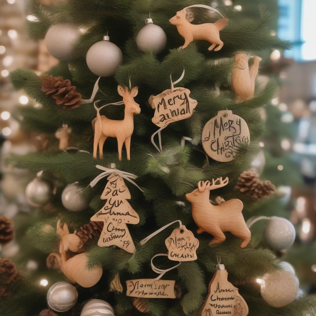 Rattan Christmas tree ornaments shaped like animals with the phrase "Merry Christmas Ya Filthy Animal"