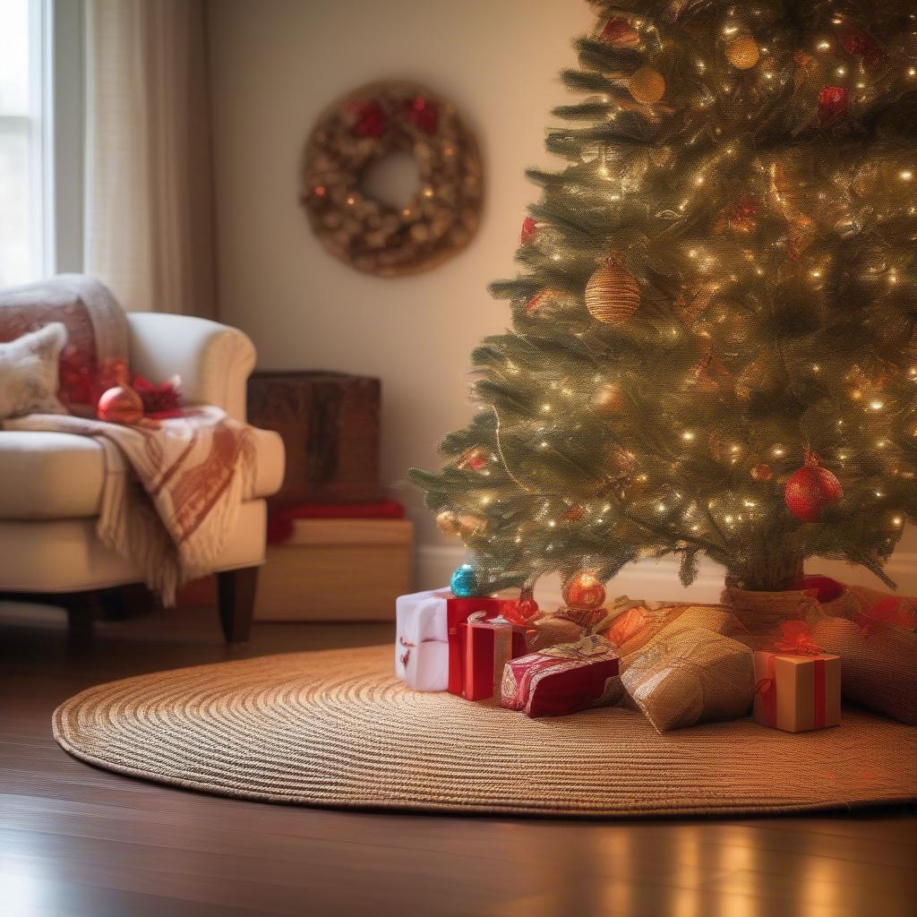 Rattan Christmas tree skirt adds a natural, bohemian touch to holiday decor.