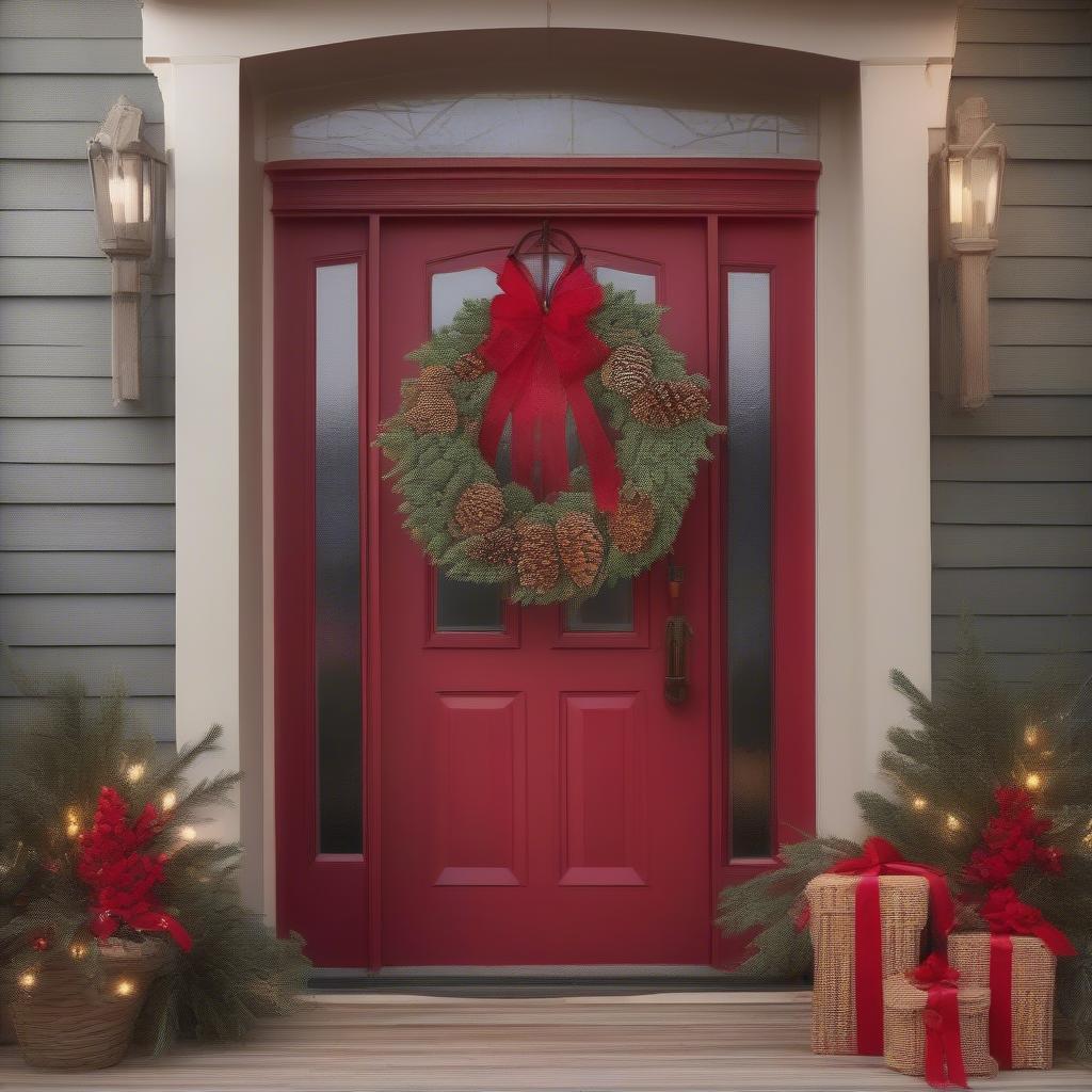 A festive rattan Christmas wreath hanging on a front door.