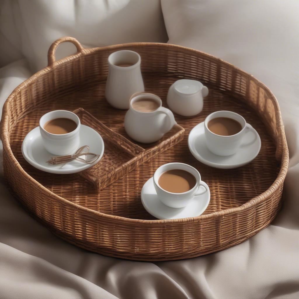 Rattan tray with coffee mugs and accessories