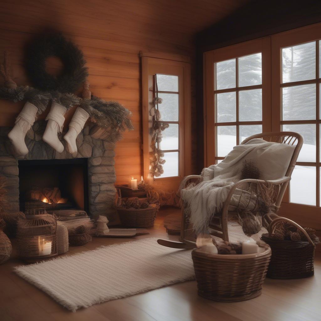 Rattan Furniture and Decor in a Cozy Winter Cabin