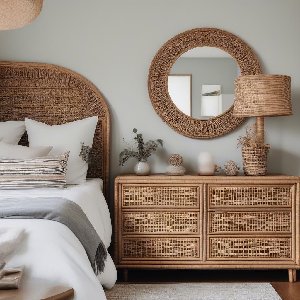 Rattan Framed Mirror in a Bedroom Setting