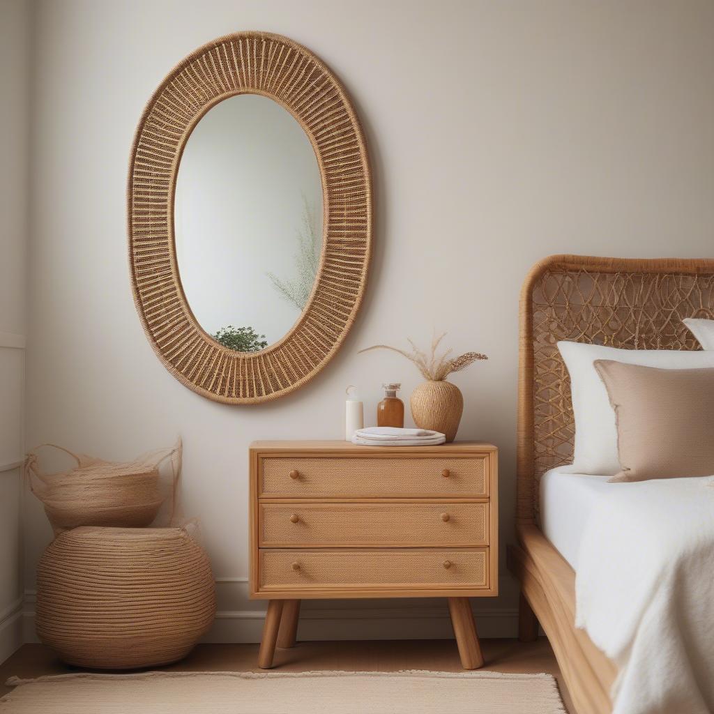 Rattan framed mirror in a bedroom