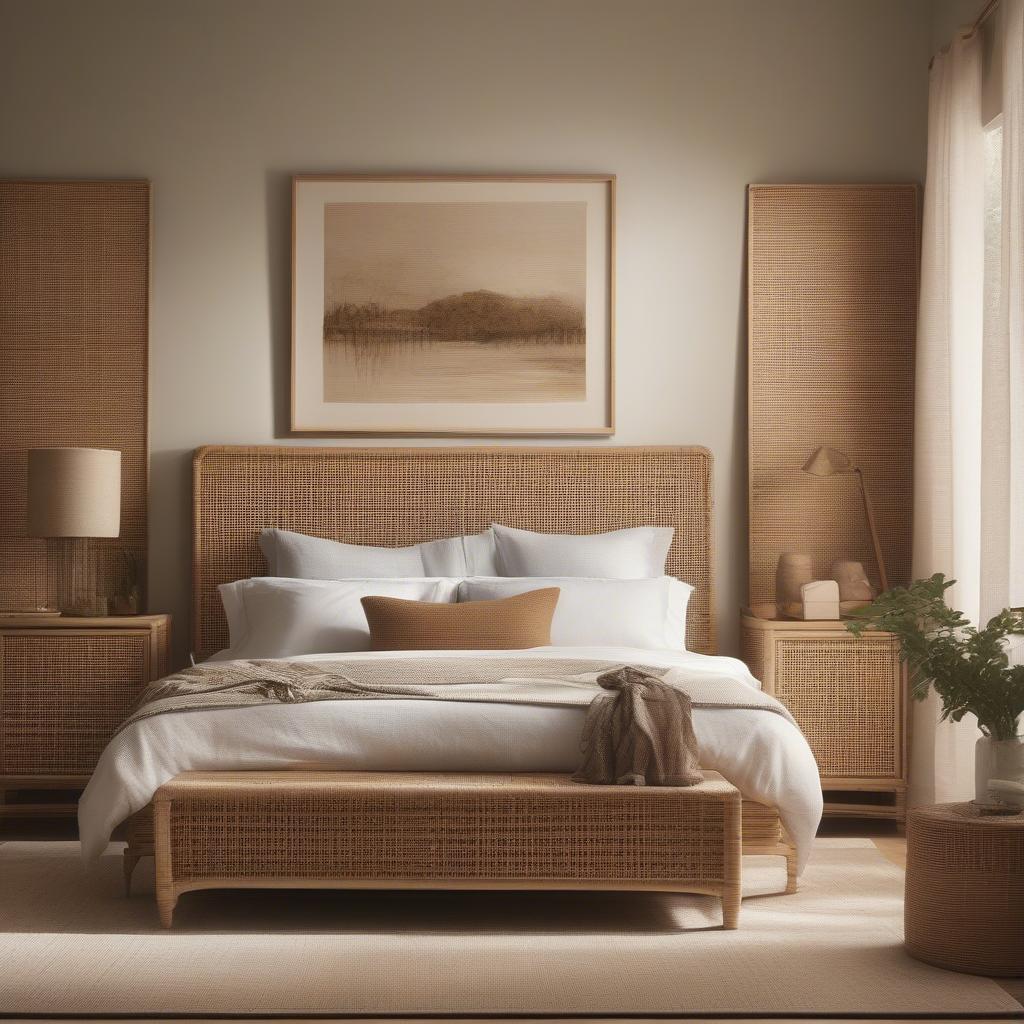 Rattan framed wall art adds a warm and natural touch to a bedroom.