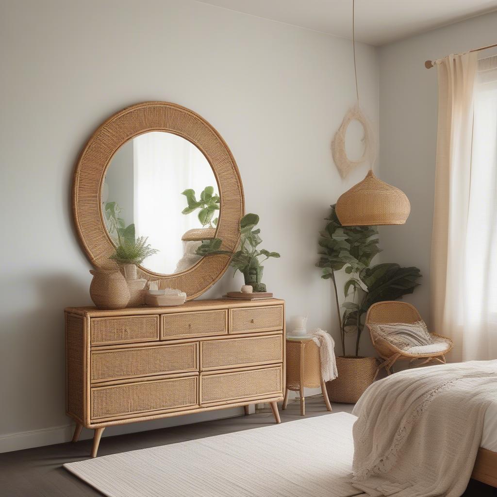 Rattan Framed Wall Mirror in a Bedroom