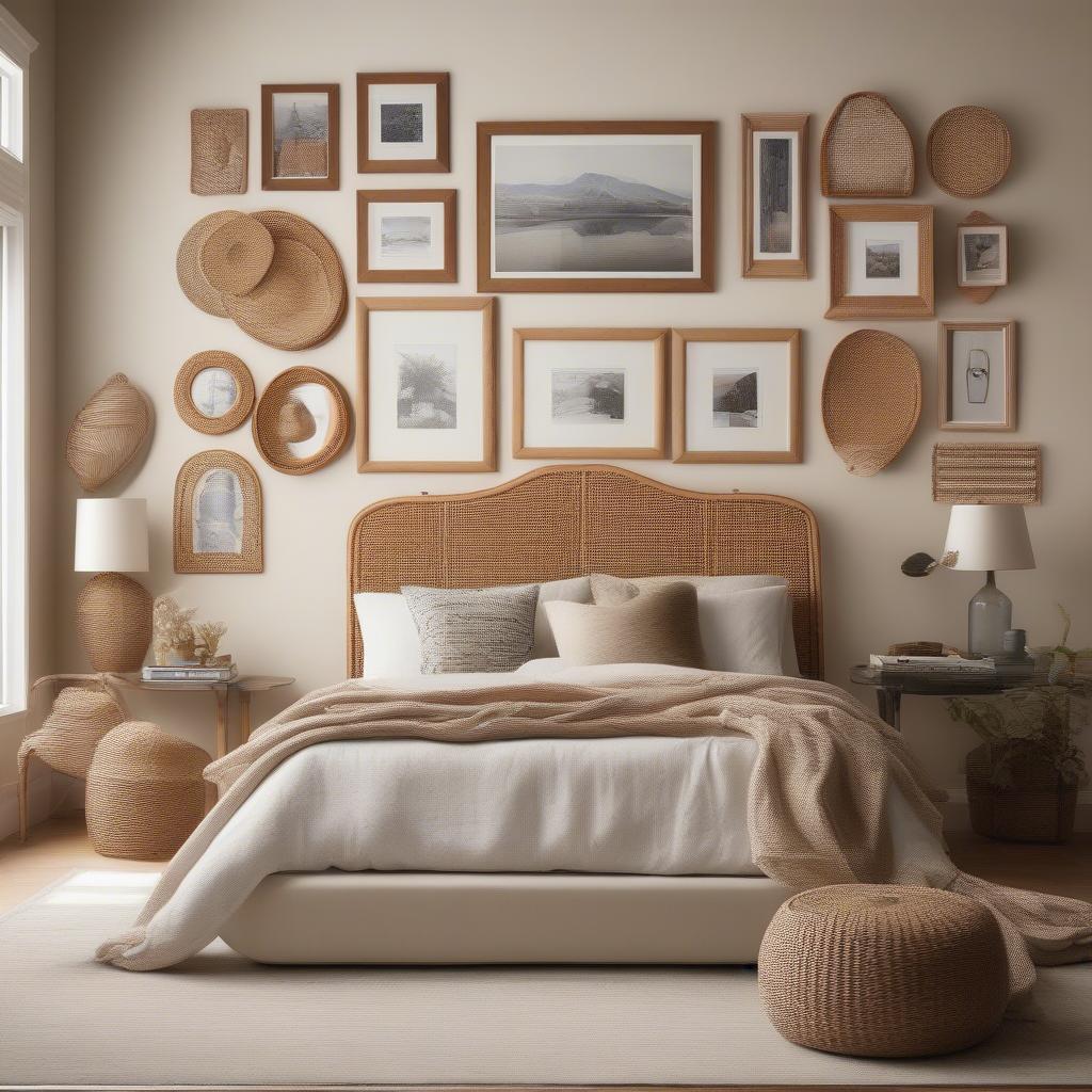 A gallery wall in a bedroom featuring various rattan frames displaying artwork and photographs.