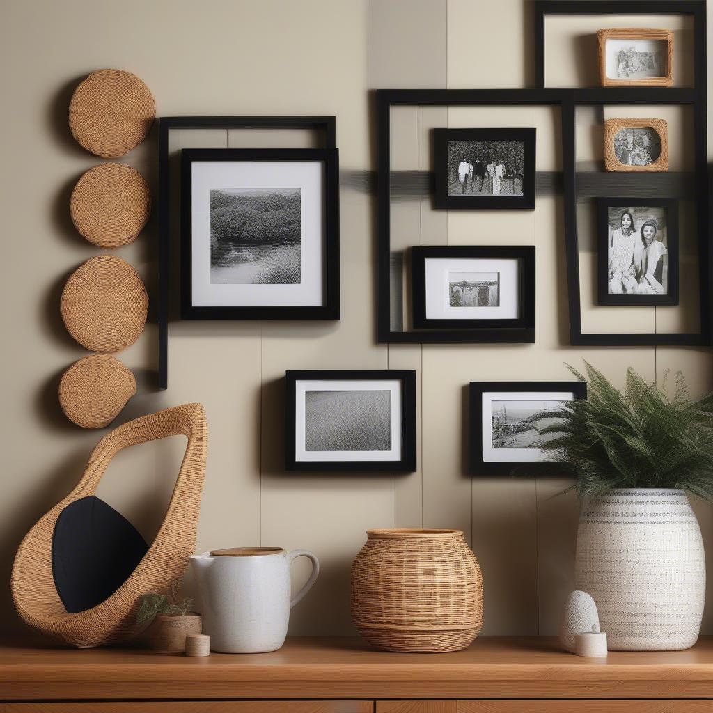 Rattan picture frames displaying family photos arranged on a shelf.