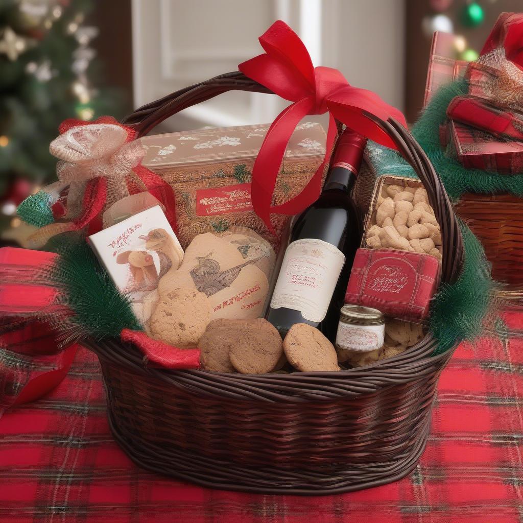 Rattan gift basket filled with festive treats and a "Merry Christmas Ya Filthy Animal" tag