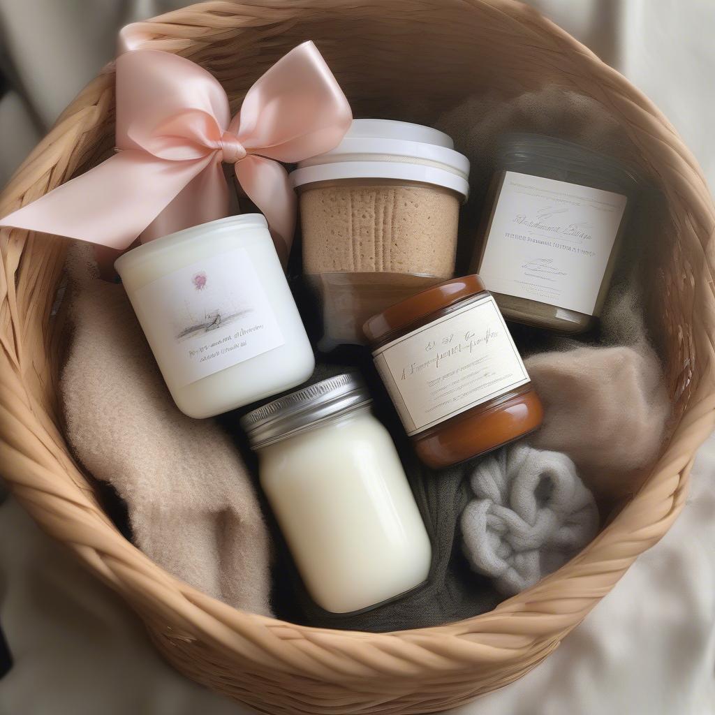 Rattan gift basket overflowing with symbols of love and affection