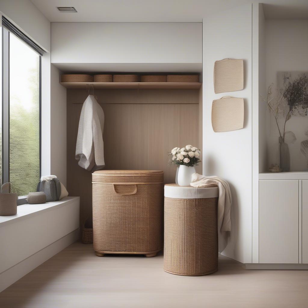 A large rattan hamper sits in the corner of a modern, minimalist laundry room.