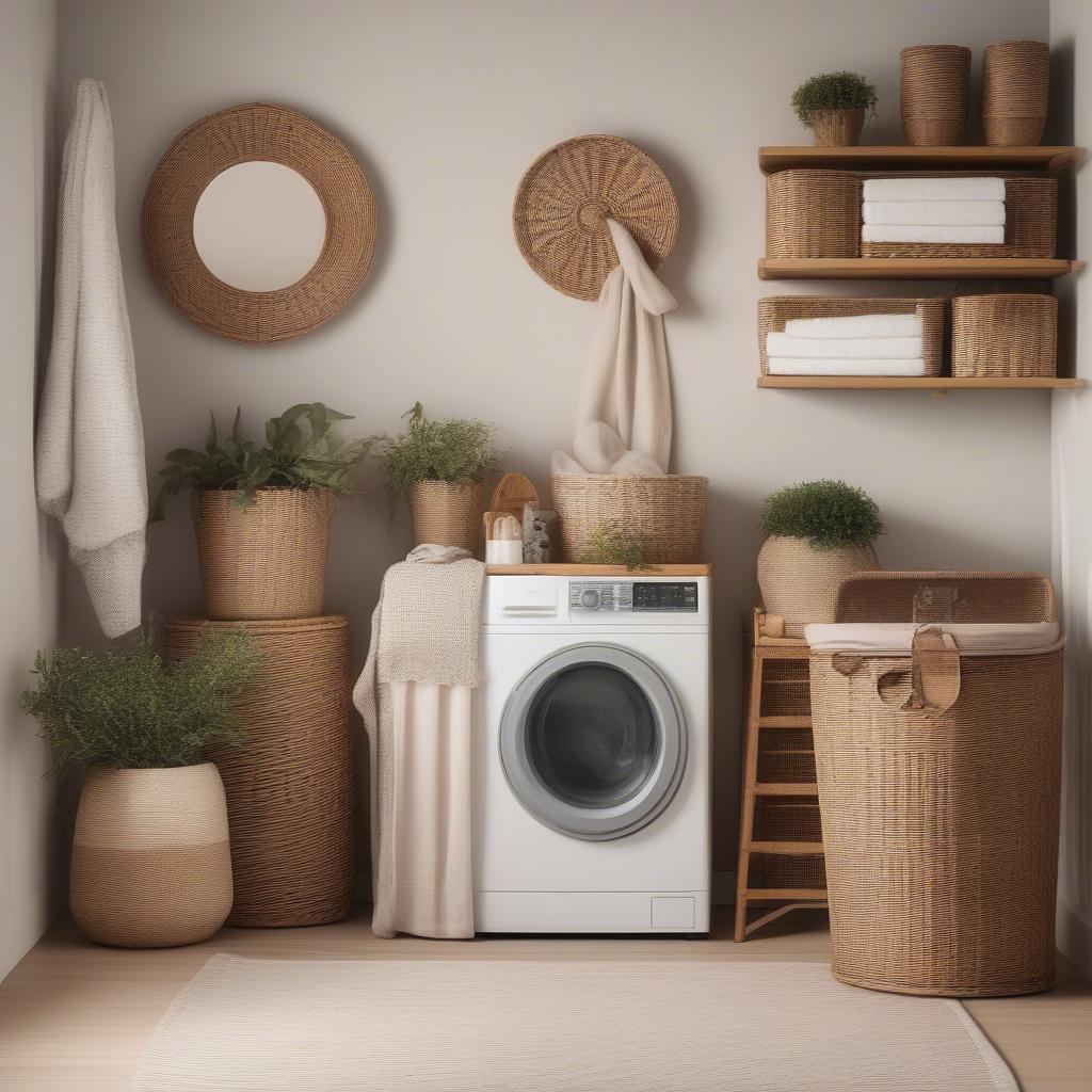 Rattan Hamper and Wicker Shelf in a Farmhouse Laundry Room