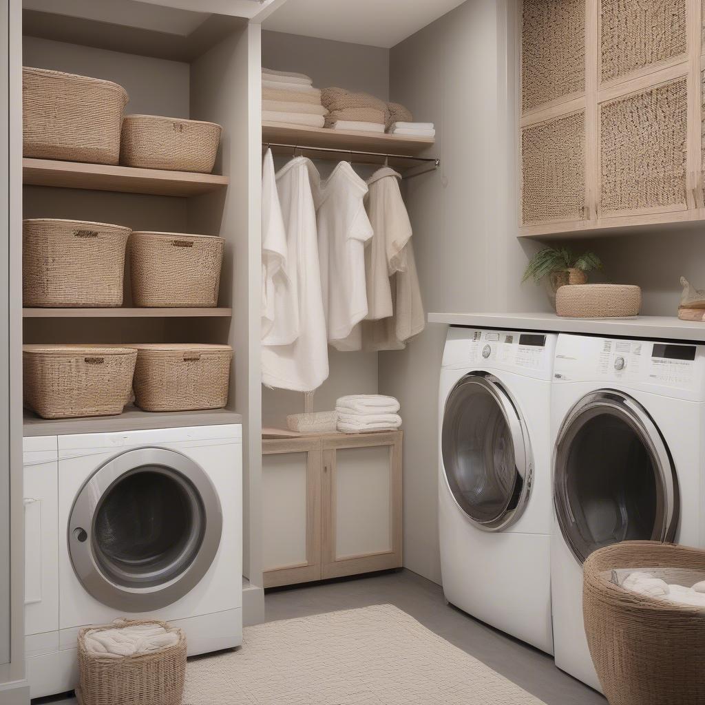 Rattan hampers and shelving units seamlessly integrated into a laundry room design.