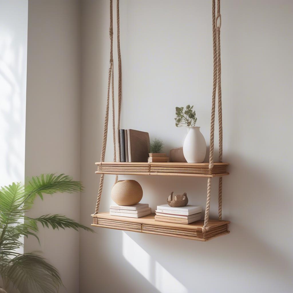 Rattan Hanging Shelf with Rope Design