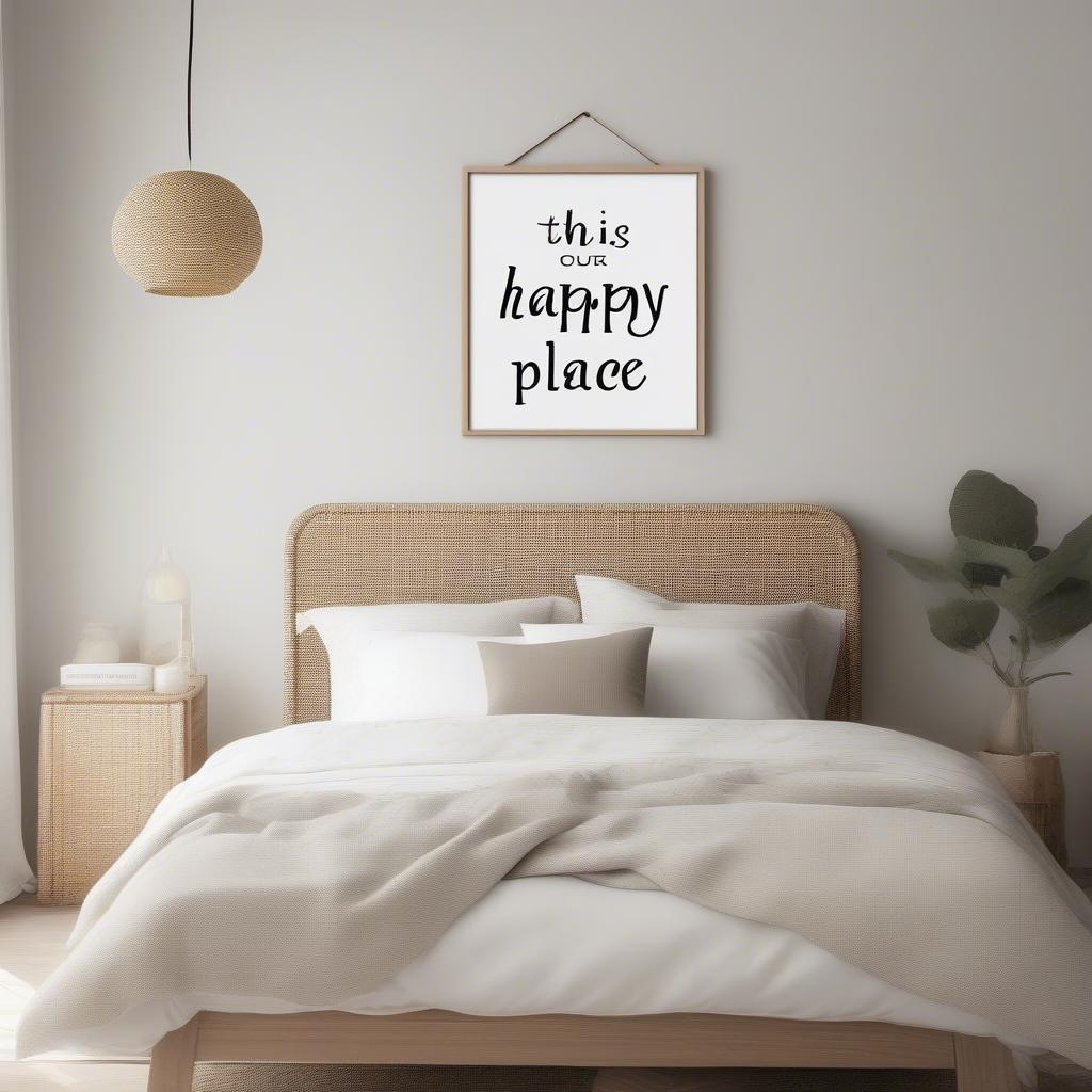 A rattan "This is our happy place" sign hanging above a bed in a minimalist bedroom