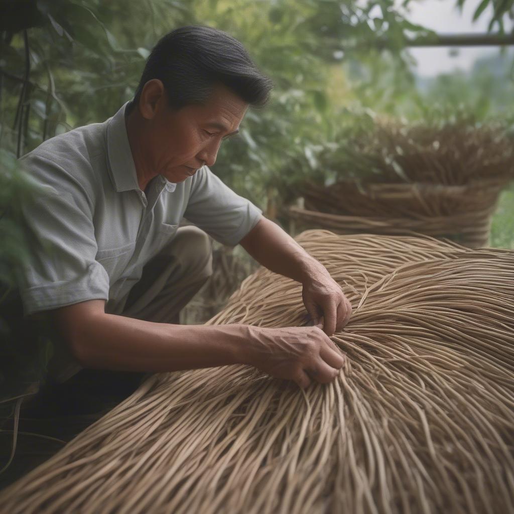 Skilled craftsman harvesting rattan in a lush tropical forest, demonstrating sustainable practices.