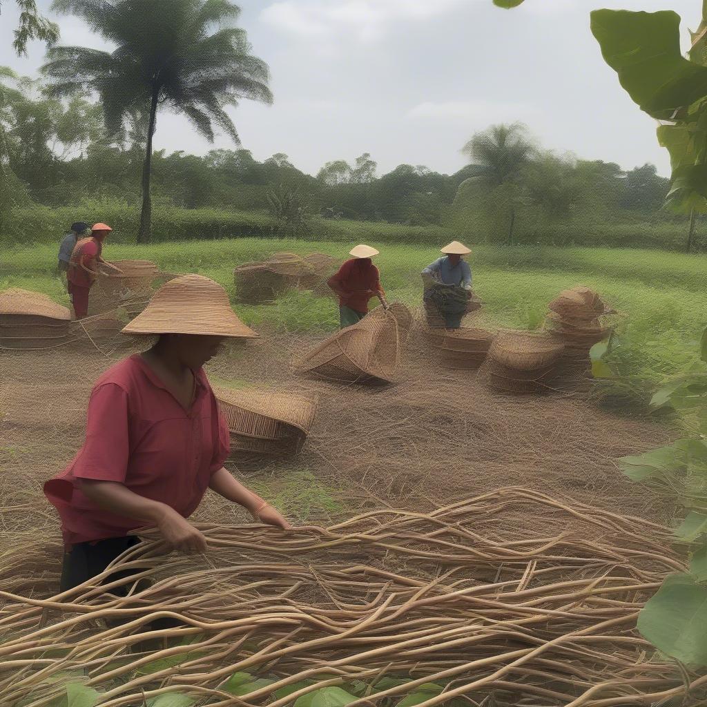 Sustainable harvesting of rattan vines in a tropical forest.