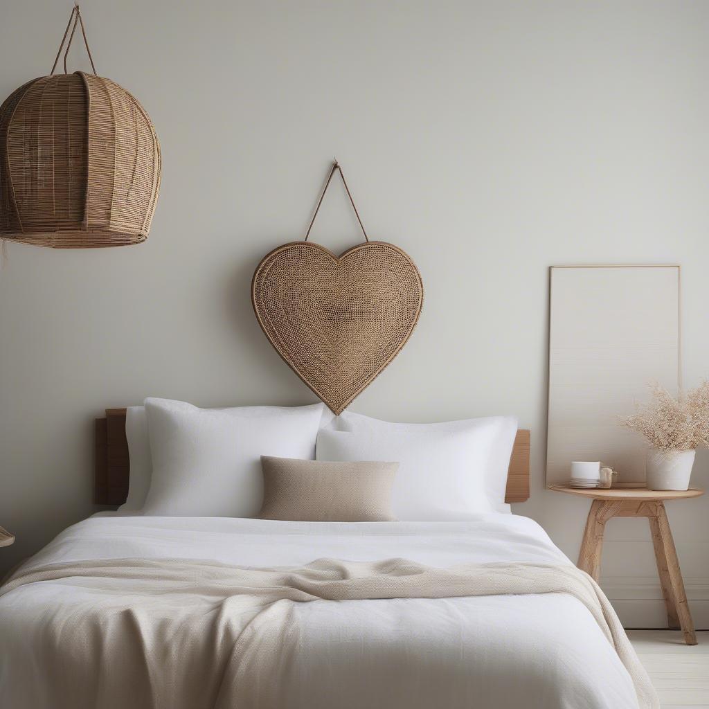 Rattan heart wall decor hanging above a bed in a minimalist bedroom