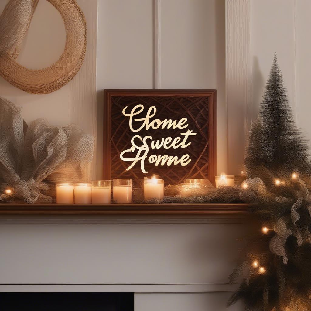 A rattan "Home Sweet Home" sign hung above a fireplace mantel, illuminated by warm firelight.