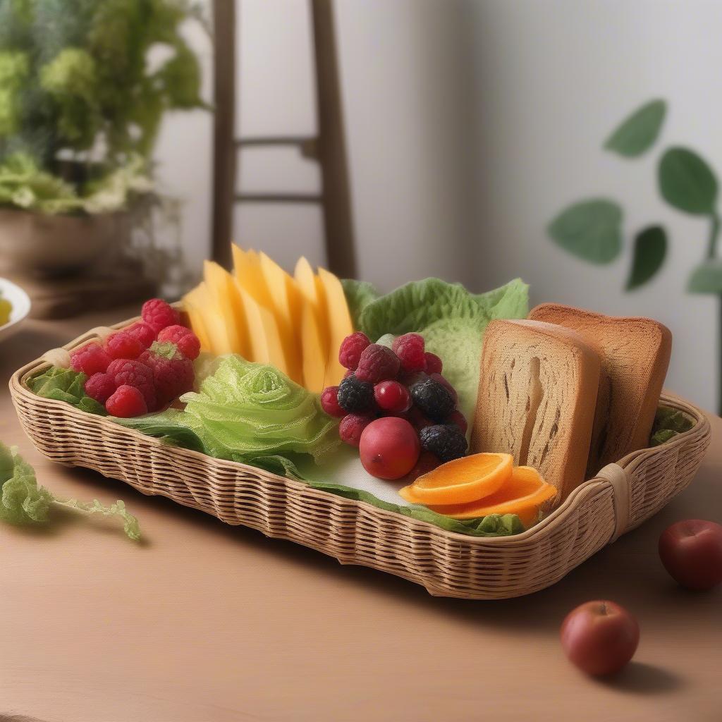 Rattan lettuce plate holding bread and fruit.