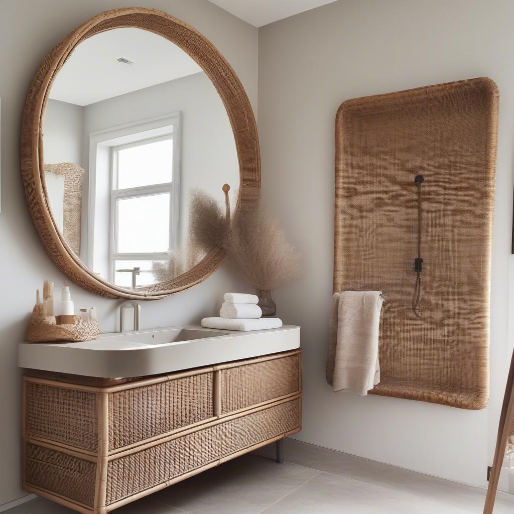 Rattan framed mirror in a modern bathroom