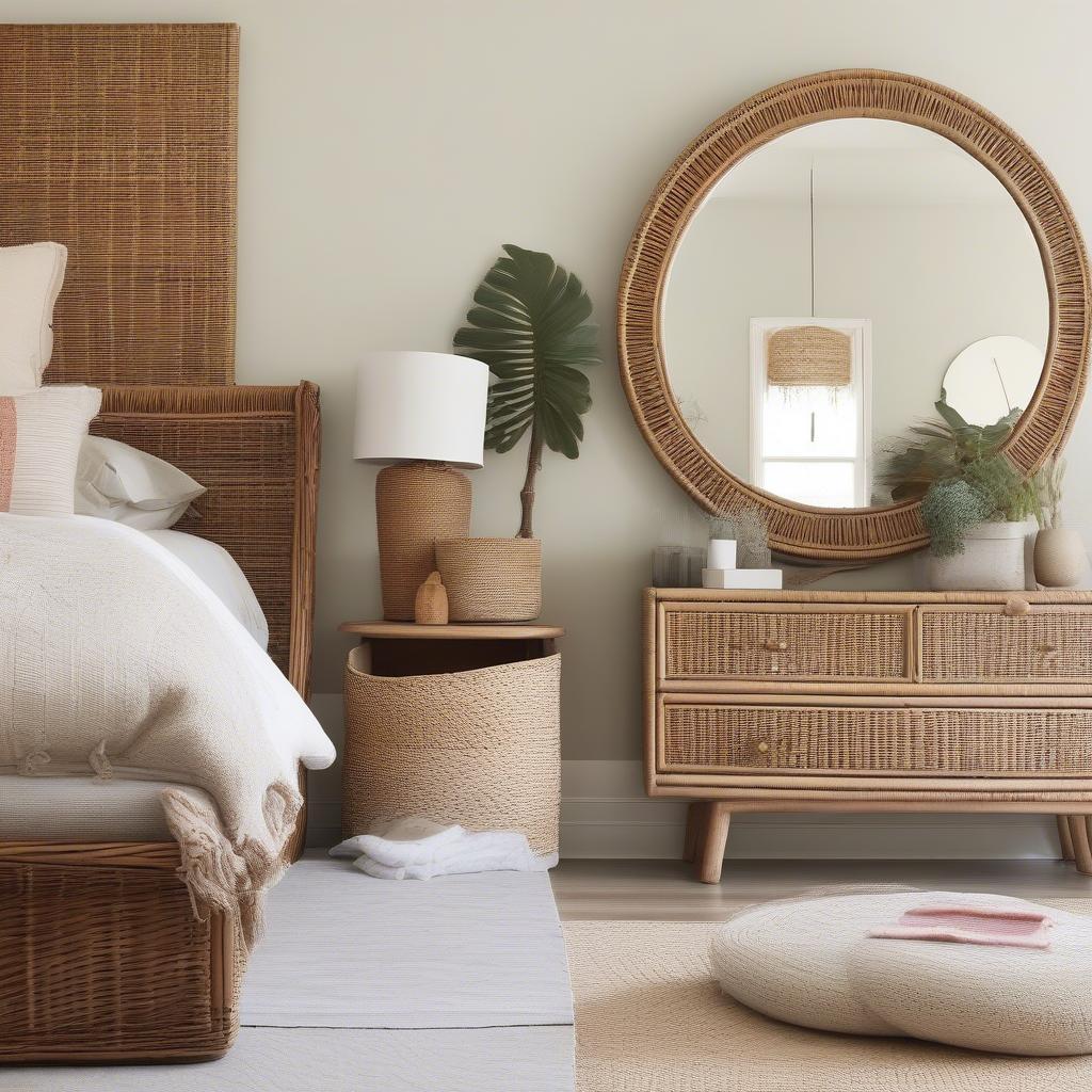 Rattan Mirror on Bedroom Wall