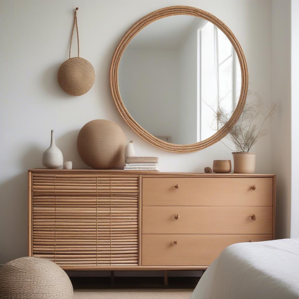 Large Rattan Mirror on a Bedroom Wall