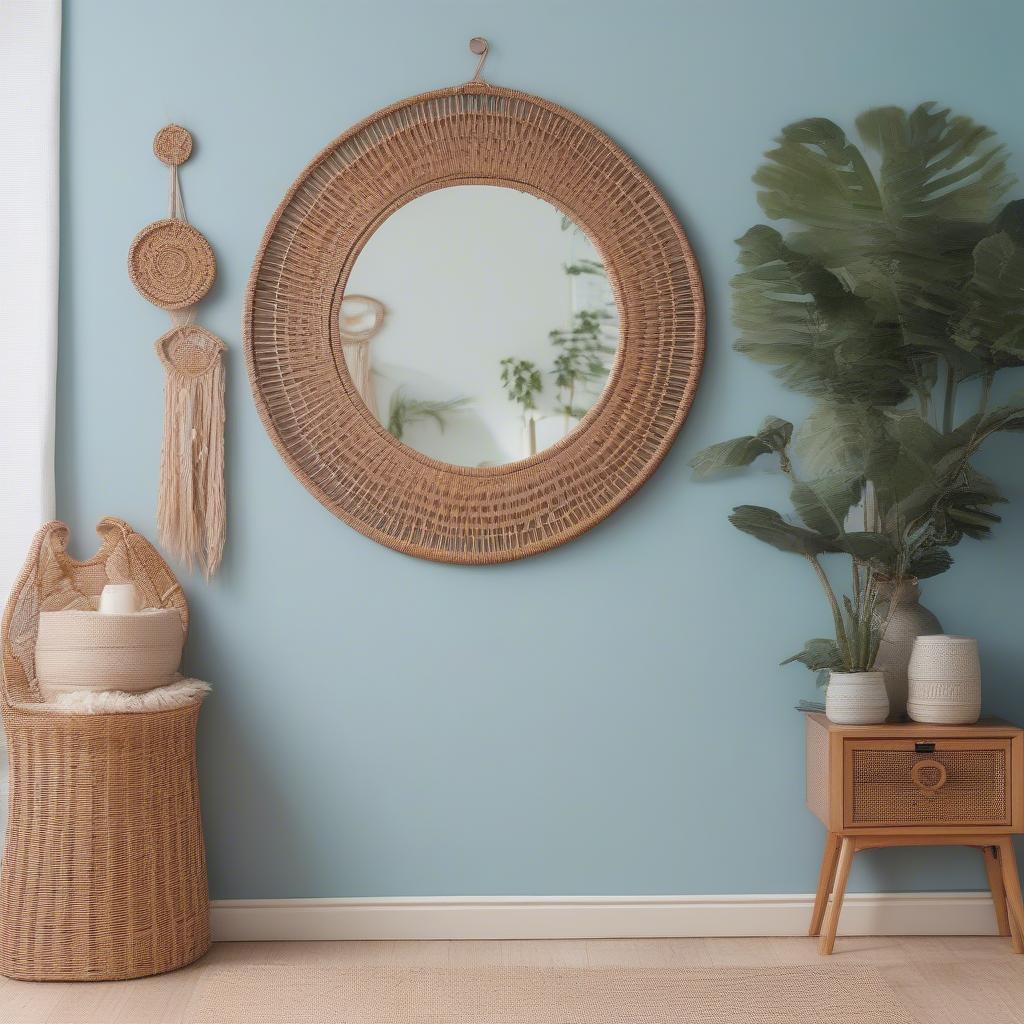 Rattan mirror adds a touch of boho chic to a bedroom