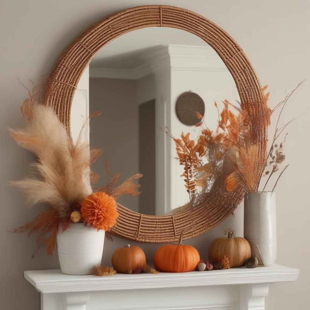 A rattan mirror hanging on a fall-themed wall, surrounded by autumn leaves and decorative gourds.