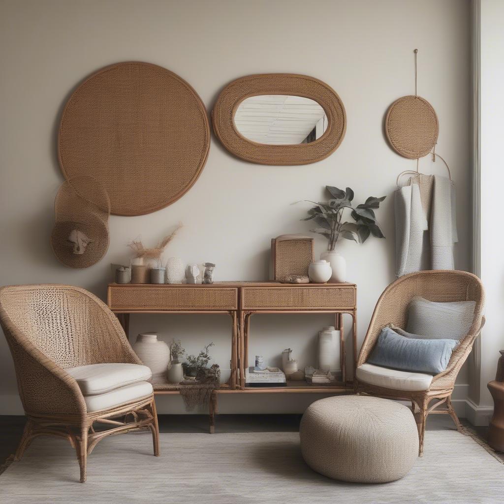 Rattan mirror on a front room wall