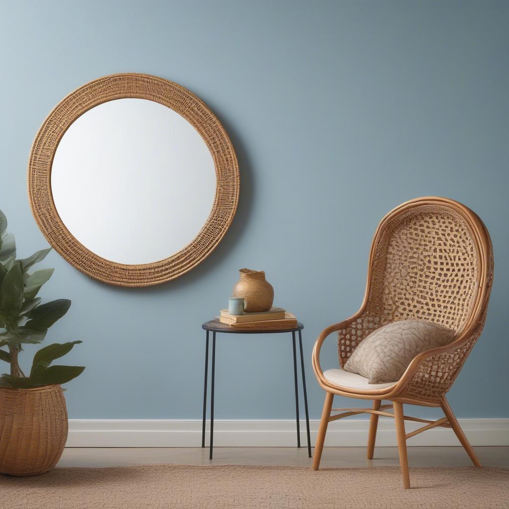 Rattan mirror adding a touch of bohemian style to a living room