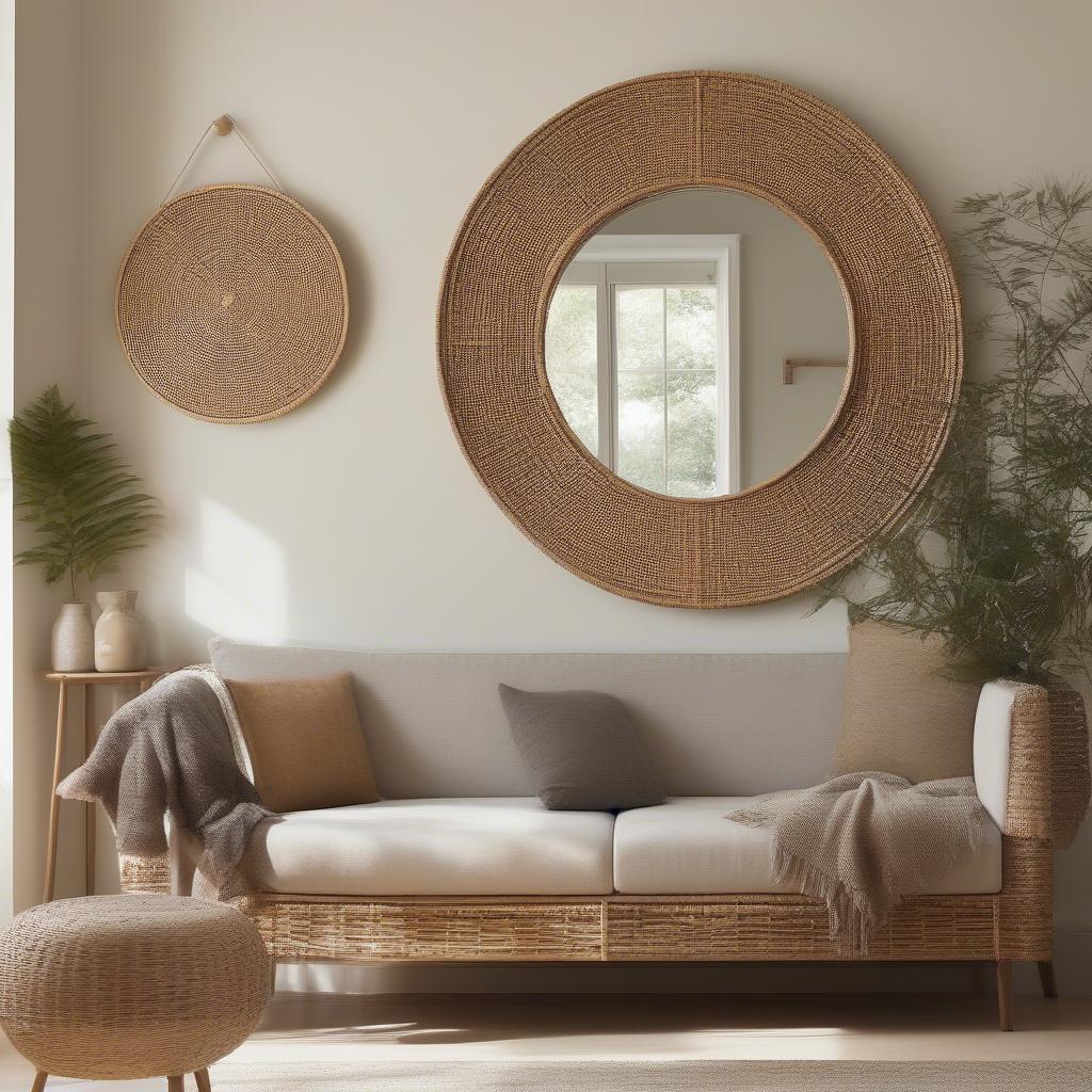 A rattan mirror adds a touch of bohemian style to a living room.