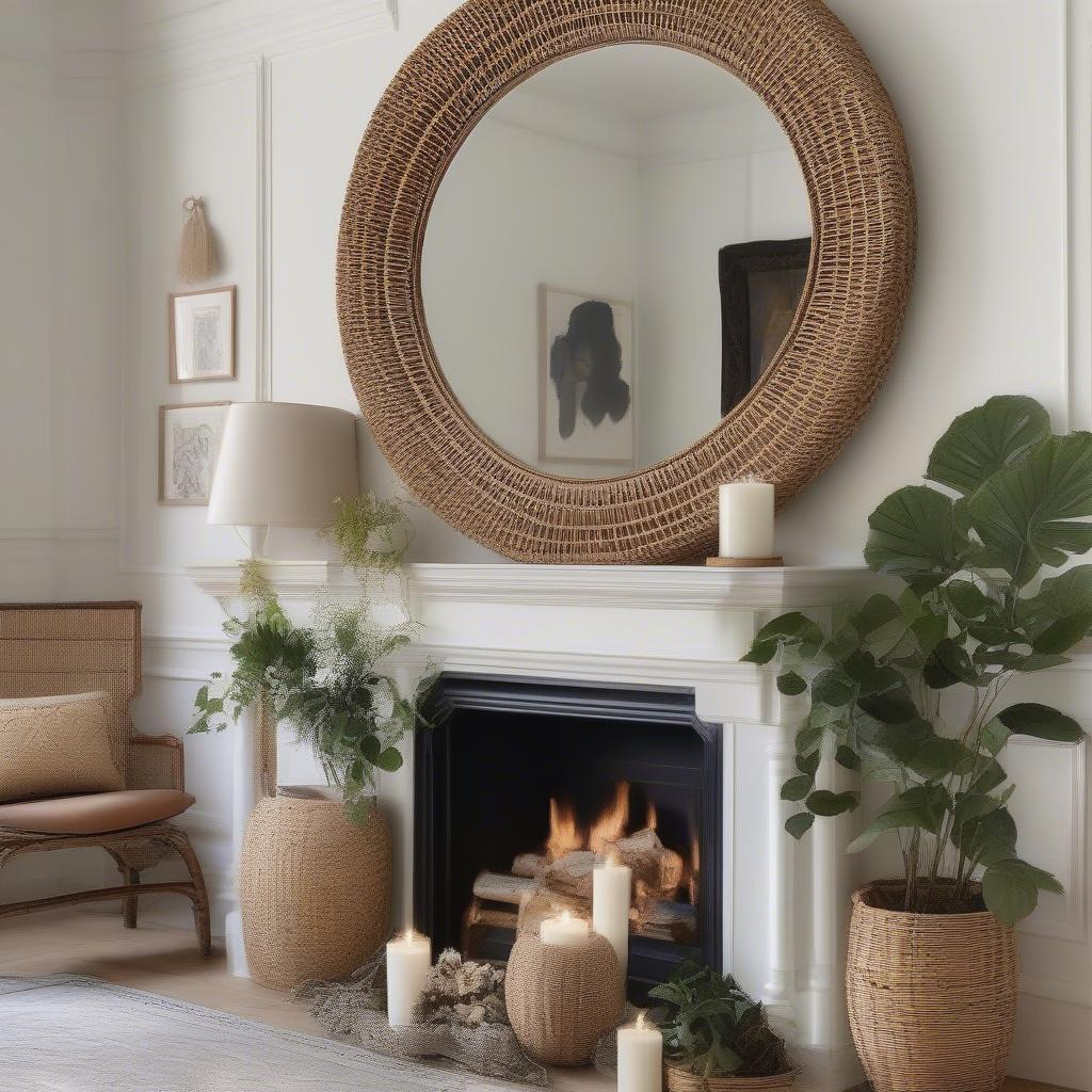 Rattan Mirror as Living Room Wall Decor