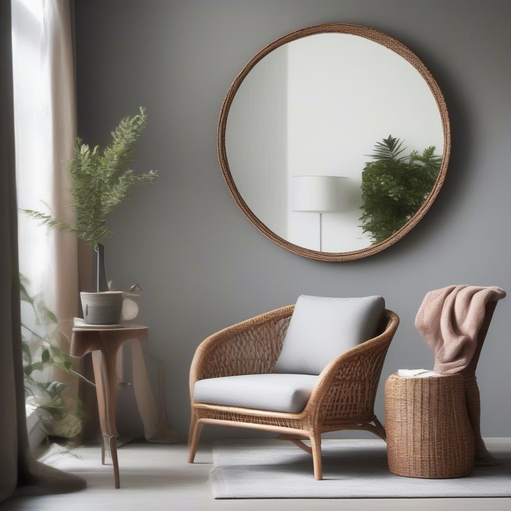 Large rattan mirror on a lounge wall